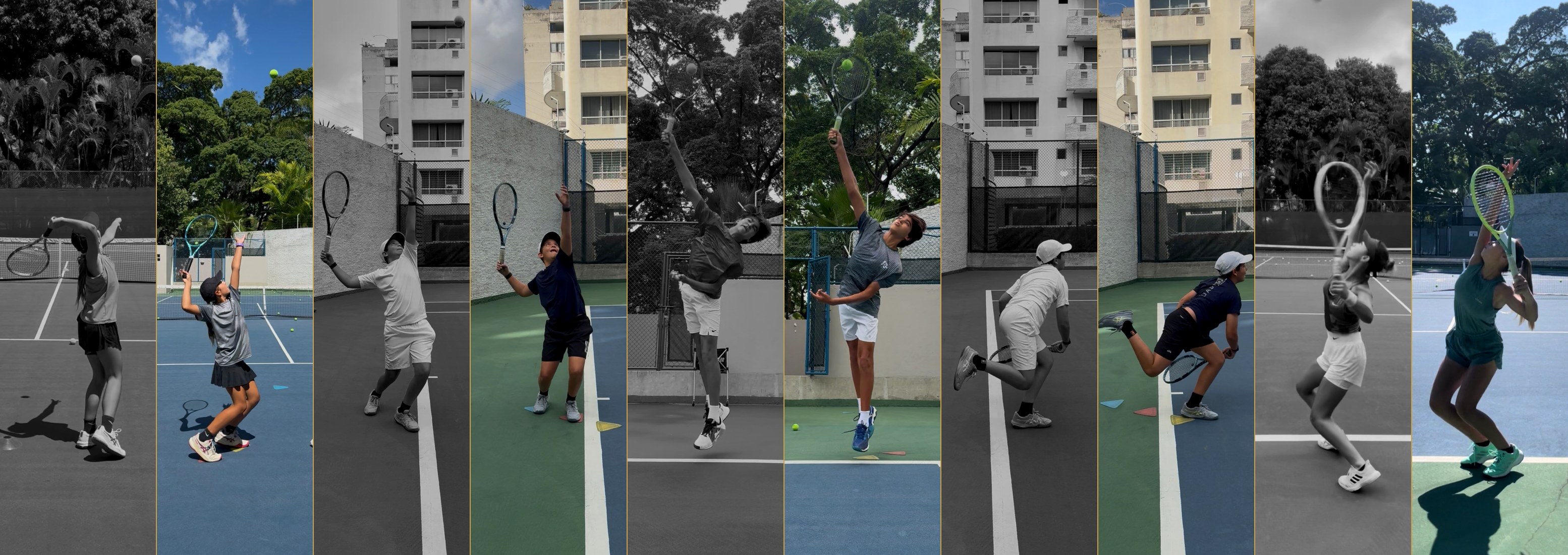 Comparación antes y después de jugadores de La Escuela de Tenis TenniSapien: la técnica inicial en blanco y negro junto al gesto final a color